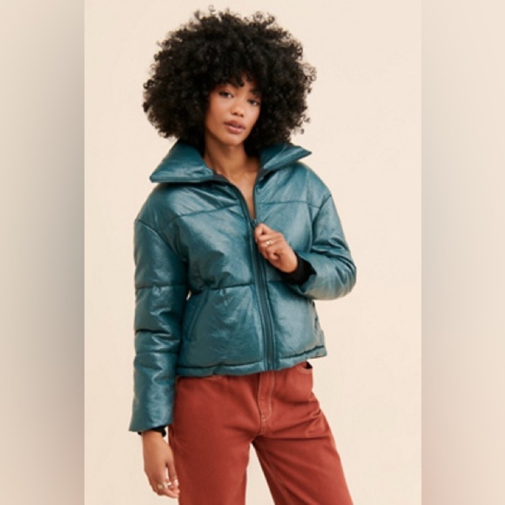 Apparis Billie Crinkle Vegan Leather Puffer‎ Jacket Green Oversized Streetwear L
